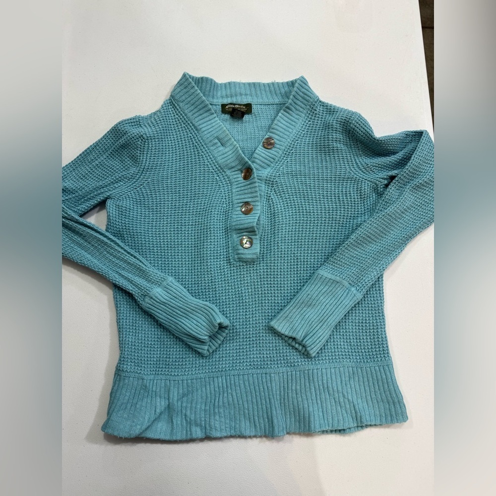 Eddie Bauer Women’s Knut Button Up Sweater in Soft Aqua Blue